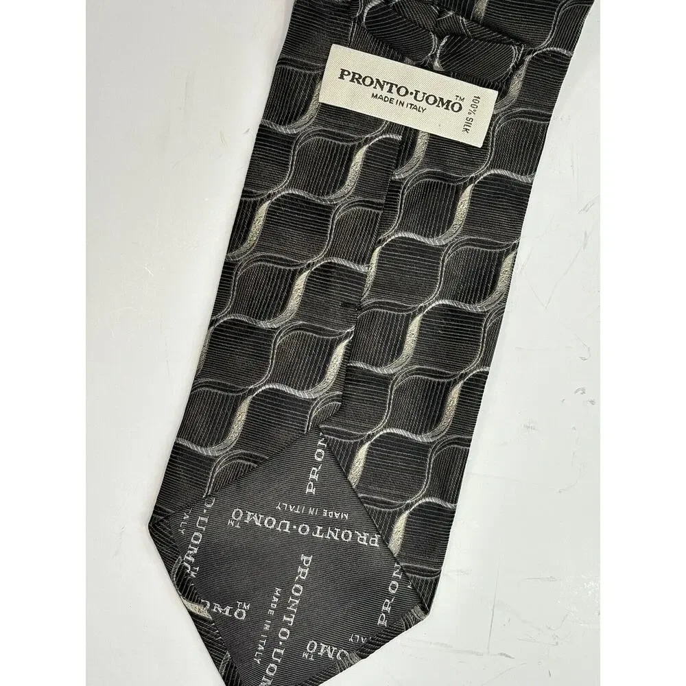 Pronto Uomo Silk Tie Brown Gray White Geometric Waves Men Necktie Italy 57